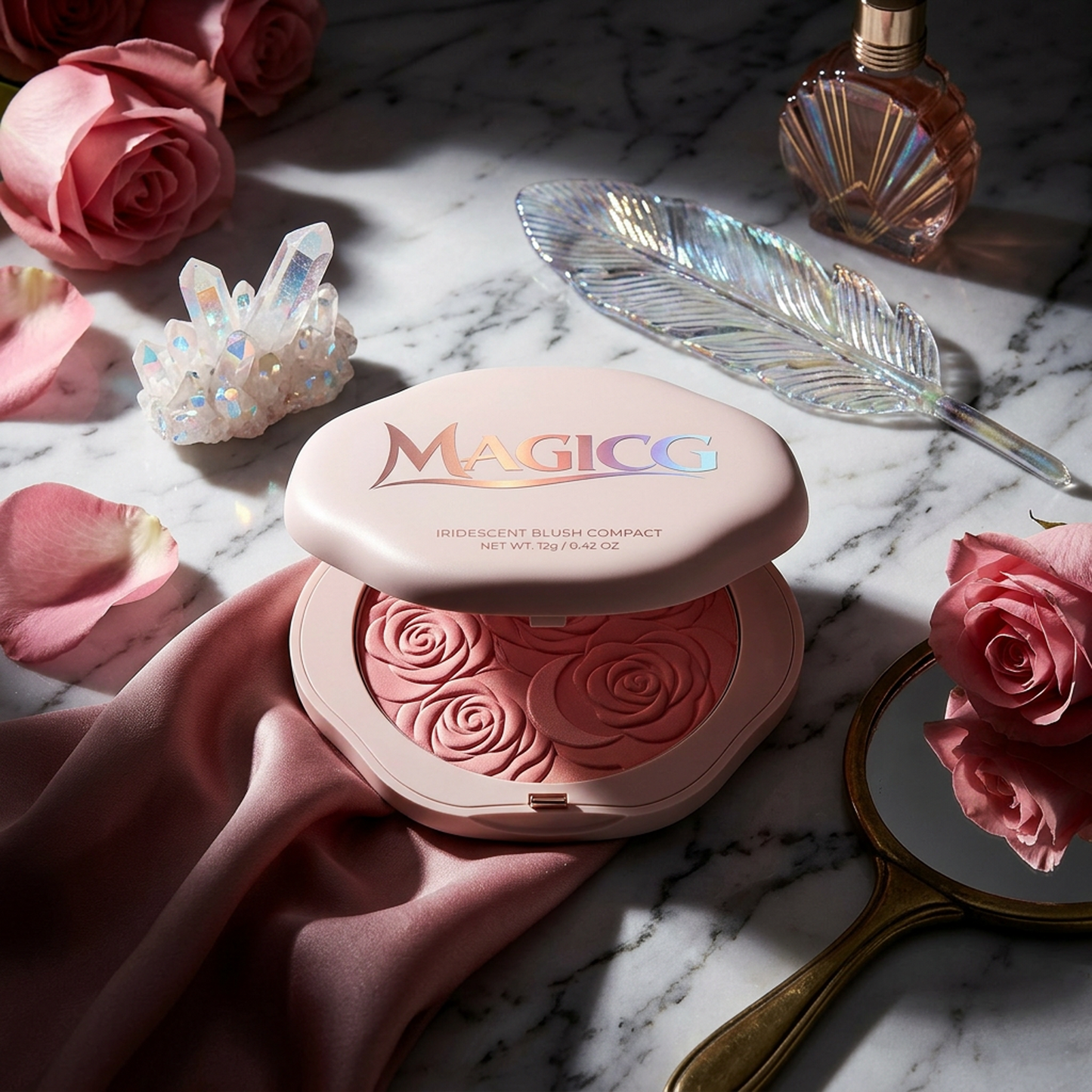 Magicg Iridescent Blush Compact — Rose-Embossed Glow, Petal-Soft Radiance