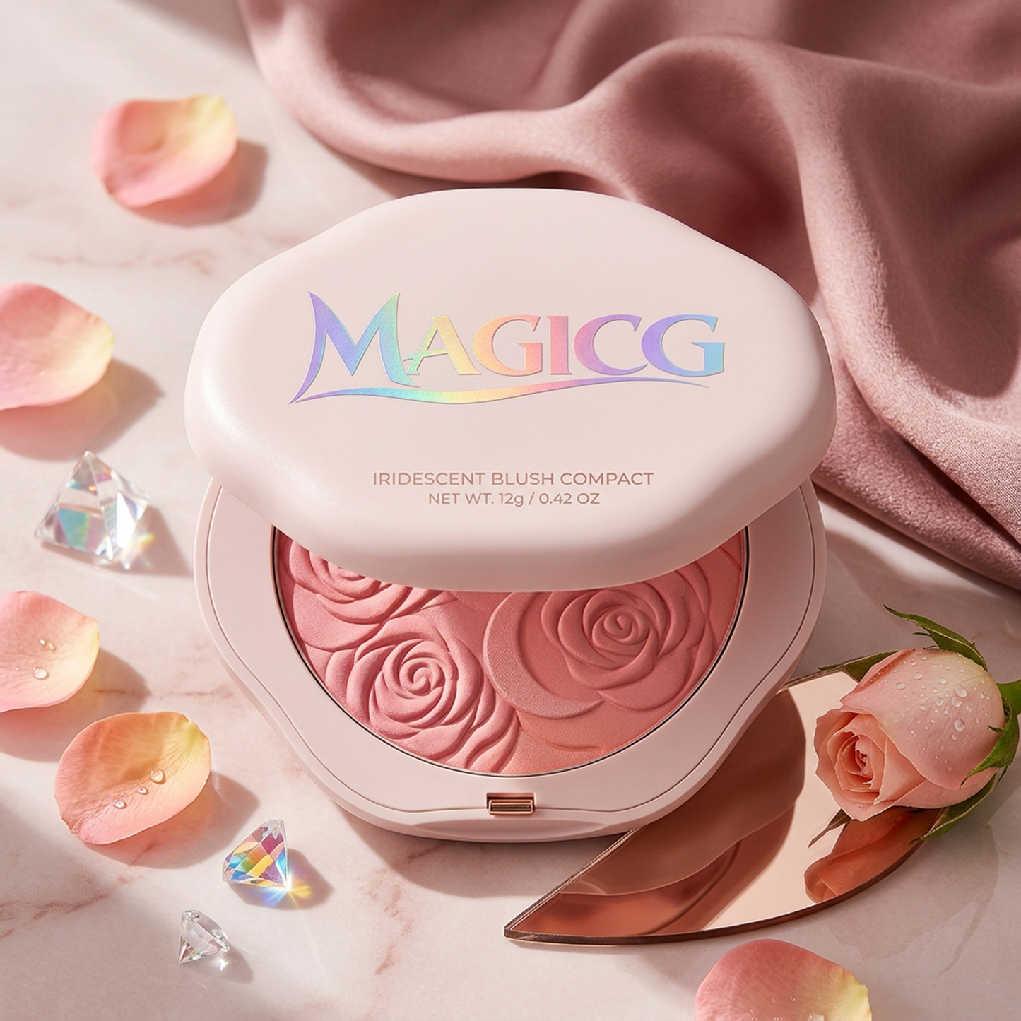 Magicg Iridescent Blush Compact — Rose-Embossed Glow, Petal-Soft Radiance