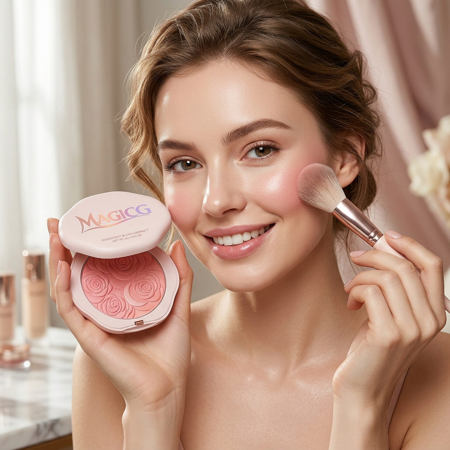 Magicg Iridescent Blush Compact — Rose-Embossed Glow, Petal-Soft Radiance